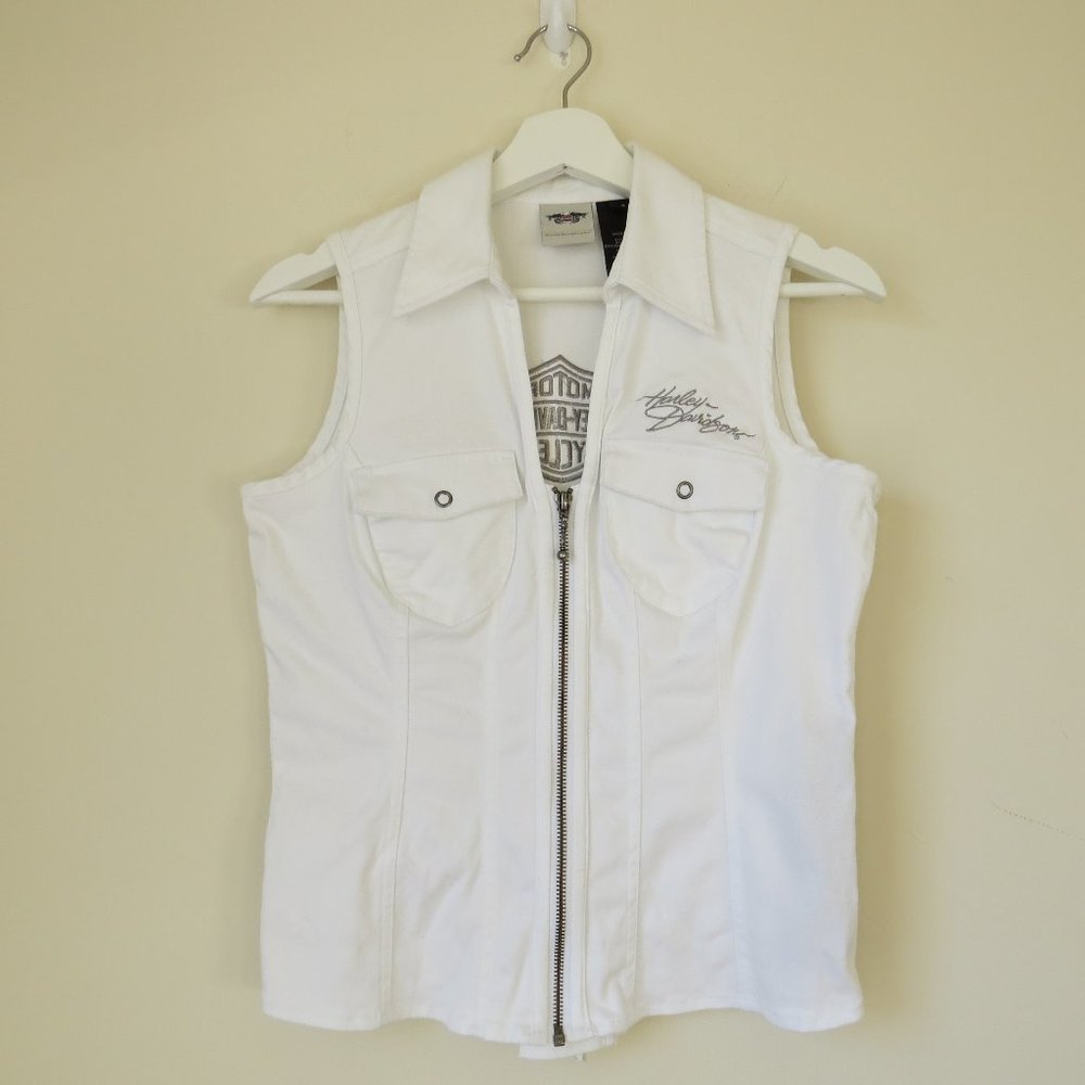 Harley Davidson White Embellished Denim Zip Vest